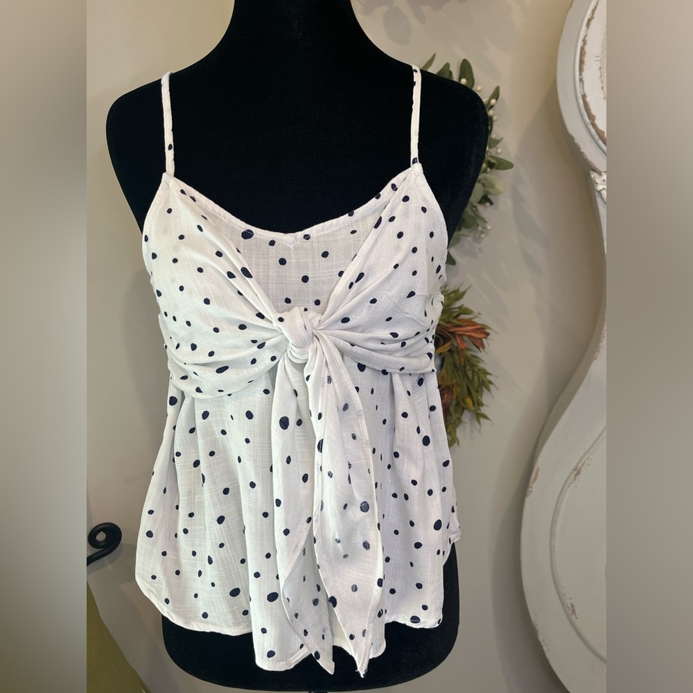E & M Cottagecore White&Navy Polka Dot Ruffle Tie Front Cami Tank Top Small EUC